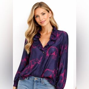 Elizabeth McKay 100%‎ Silk Size 6 Navy Top with Pink Animal Print